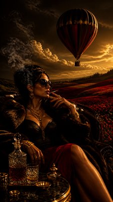 a hot air balloon drifting over rolling flower fields on a sunny day, cheerful, no text