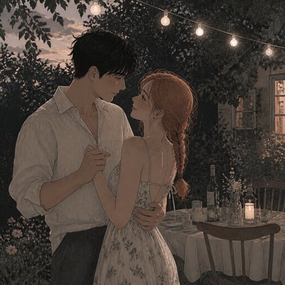 an original couple dancing under string lights in a garden at dusk: a man with short black hair in a linen shirt and a woman with braided red hair in a summer dress