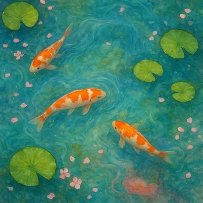 A koi pond seen from above, orange and white koi fish swimming among lily pads, clear water with subtle ripples, fallen cherry blossom petals floating on the surface, dappled sunlight