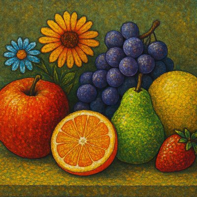 still life arrangement of fruits and flowers