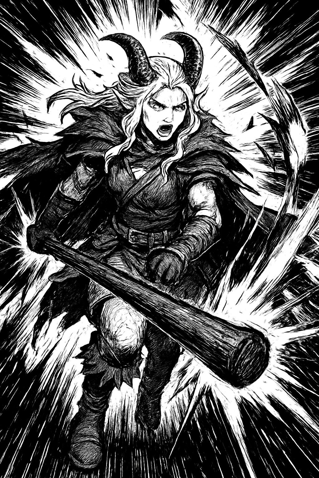 a drawing of a woman with horns and a sword