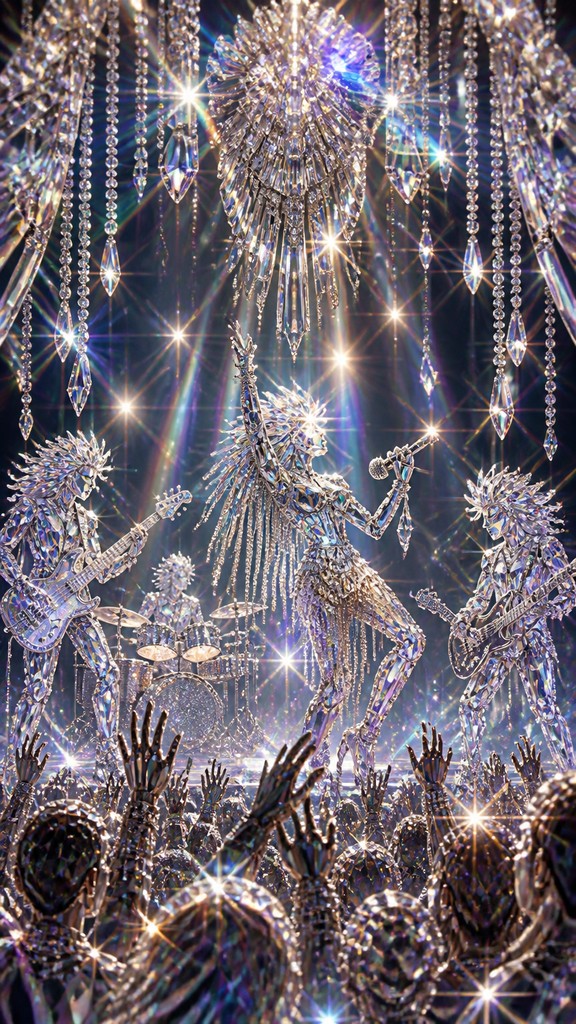 a live music scene with a glowing stage and silhouetted crowd, energetic vertical composition with open space at the top, no text