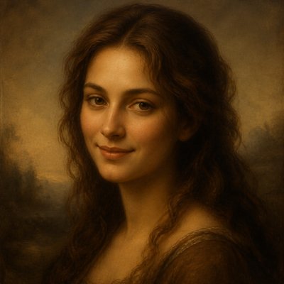 head-and-shoulders portrait of an original character: a young woman with wavy chestnut hair and a warm smile, plain soft backdrop