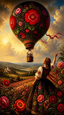 a hot air balloon drifting over rolling flower fields on a sunny day, cheerful, no text