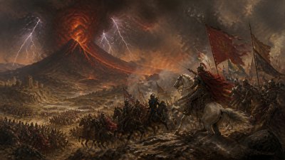 an erupting volcano with lightning strikes, dramatic wide composition, no text