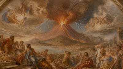 an erupting volcano with lightning strikes, dramatic wide composition, no text