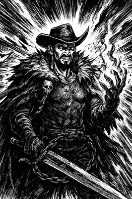 a black and white drawing of a man with a sword
