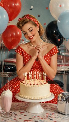 a birthday cake with lit candles surrounded by balloons and confetti, festive vertical composition, no text