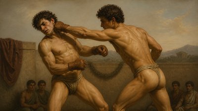 two ancient greek ignudi boxers hitting one another