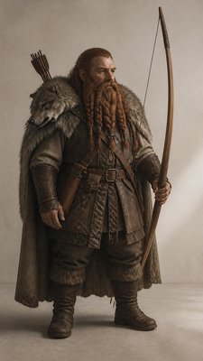 full-body original character: a dwarven ranger with a braided auburn beard, worn leather armor, a longbow and a wolf-pelt cloak, neutral background, no text