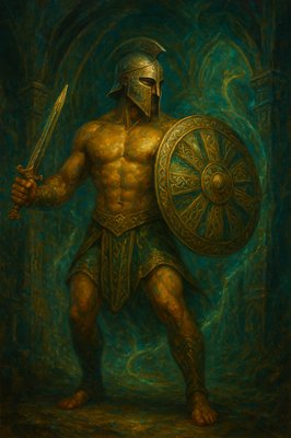 a painting of a man in armor holding a sword and shield