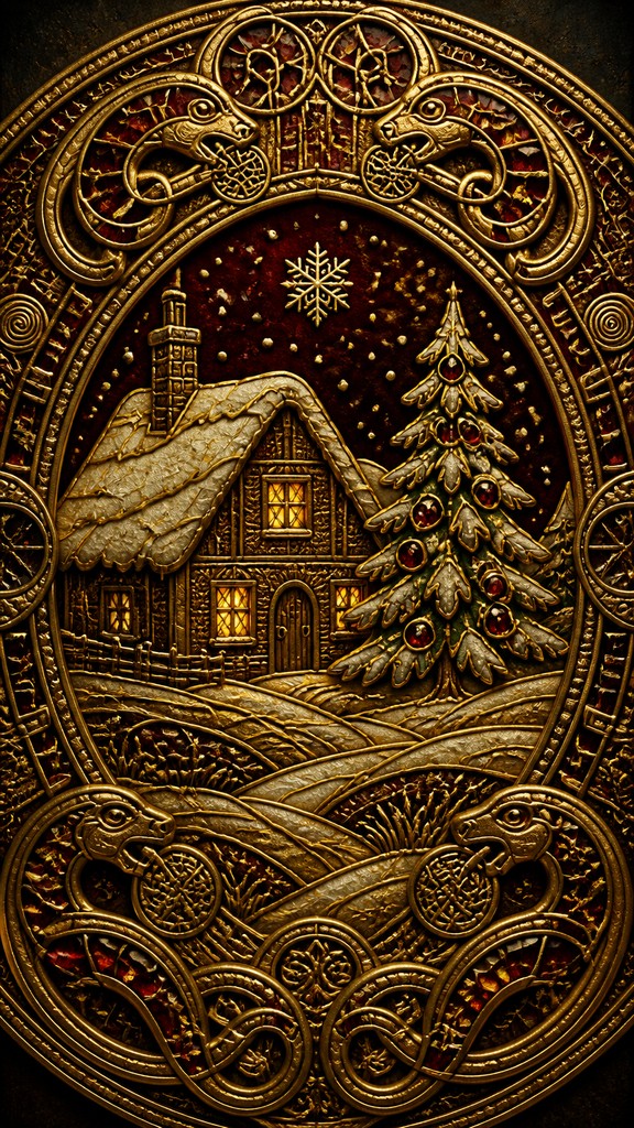 a snow-covered cottage with warm glowing windows beside a decorated pine tree, gentle snowfall, no text