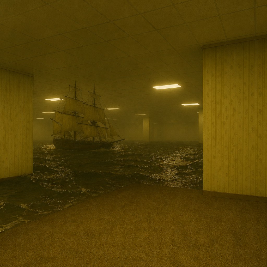 sailing ship on a stormy sea — Backrooms Aesthetic
