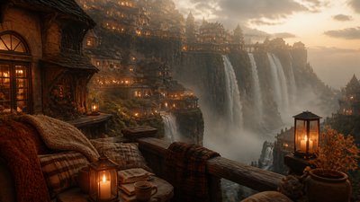 a cliffside city with waterfalls cascading into a misty canyon, wide establishing shot, no people, no text
