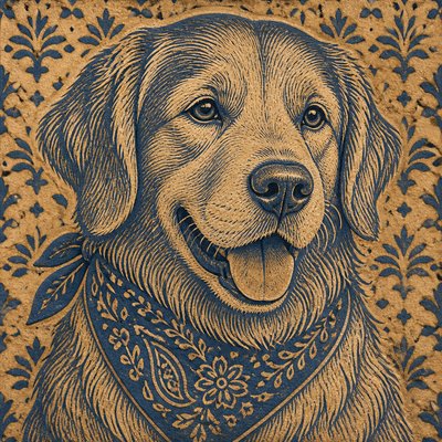 portrait of a golden retriever wearing a blue bandana, warm plain backdrop, no text