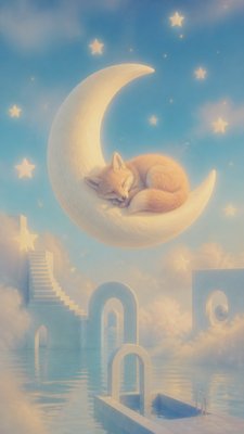 a sleeping baby fox curled on a crescent moon among soft stars, gentle and warm, no text