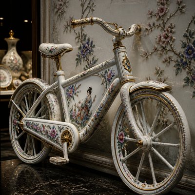 bicyle resting against a wall — Porcelain Art Style