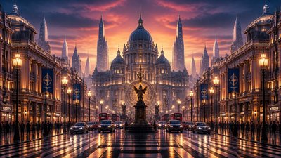bustling city street panorama at dusk