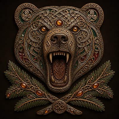 a roaring bear head above crossed pine branches, bold graphic composition on a plain background, no text
