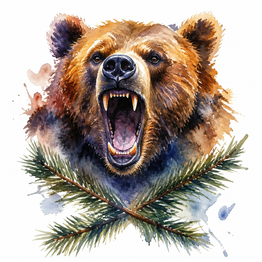a roaring bear head above crossed pine branches, bold graphic composition on a plain background, no text