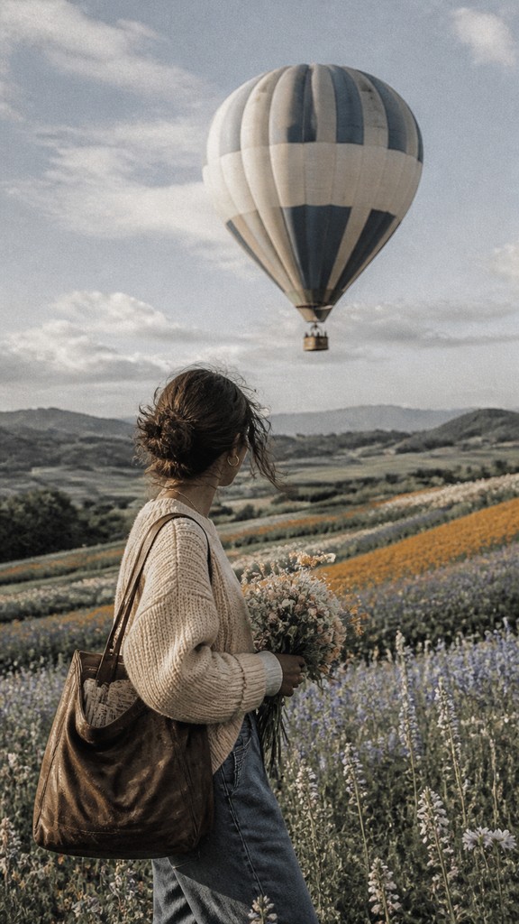 a hot air balloon drifting over rolling flower fields on a sunny day, cheerful, no text