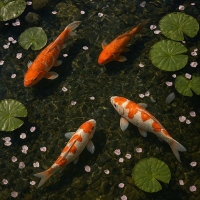 A koi pond seen from above, orange and white koi fish swimming among lily pads, clear water with subtle ripples, fallen cherry blossom petals floating on the surface, dappled sunlight