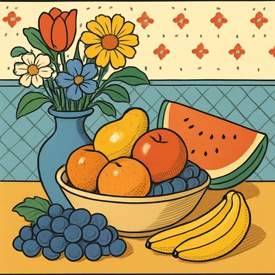 still life arrangement of fruits and flowers