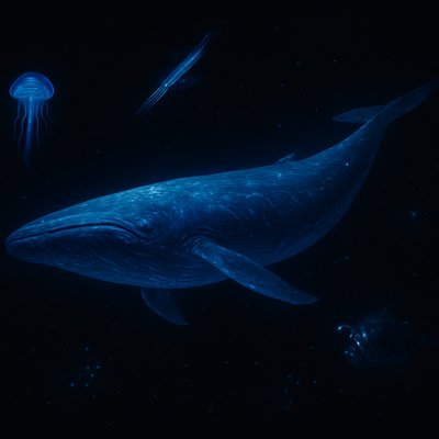 Generate an image using the Depths of the Sea Generator style: A majestic and mysterious blue whale gliding gracefully through a surreal ocean abyss. Its massive, sleek body glows with deep blues and silvers, textured with hyper-realistic skin details and subtle bioluminescent veins. Soft sunlight filters down from the distant surface, creating volumetric god rays that pierce the crystalline water. Delicate, glistening bubbles trail behind like sparkling jewels, refracting prismatic light in the ethereal clarity. The scene blends photorealistic whale anatomy with dreamlike surrealism—vast, shimmering depths, faint silhouettes of ancient sea life, and an aura of profound awe. High resolution, 8K, wide-angle cinematic view emphasizing the whale's immense scale and serene mystery.

