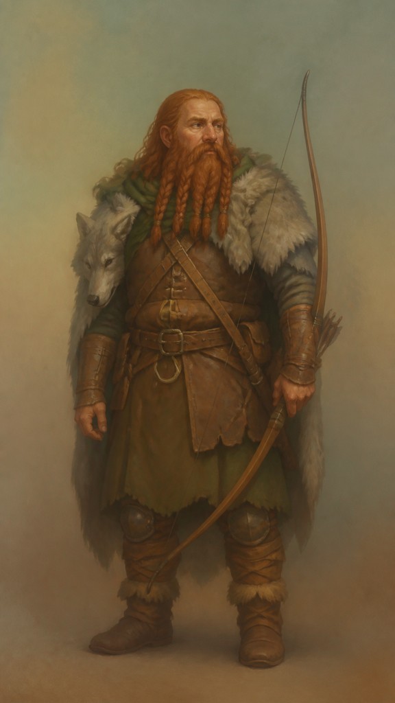 full-body original character: a dwarven ranger with a braided auburn beard, worn leather armor, a longbow and a wolf-pelt cloak, neutral background, no text