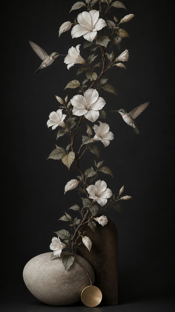 a climbing vine of flowers and hummingbirds on a dark background, tall wrapping composition, no text