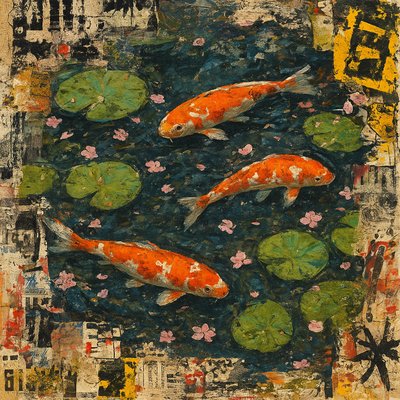 A koi pond seen from above, orange and white koi fish swimming among lily pads, clear water with subtle ripples, fallen cherry blossom petals floating on the surface, dappled sunlight