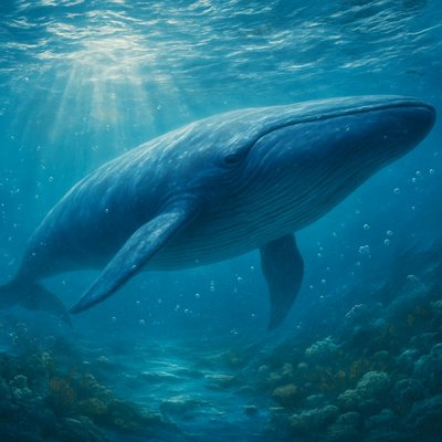 A hyper-realistic blue whale, majestic and mysterious, gliding gracefully through a surreal ocean scene. Its massive, sleek body glows with deep blues and silvers, illuminated by soft sunlight streaming through the ocean's surface. Surrounding it are glistening, delicate bubbles, sparkling like jewels in the light. The water shimmers with ethereal clarity, blending realism with a dreamlike atmosphere, capturing the whale's awe-inspiring beauty and enigma. 