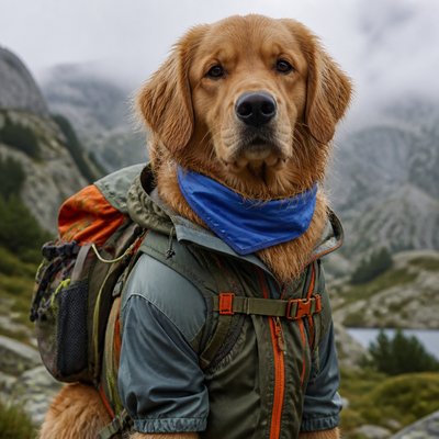 portrait of a golden retriever wearing a blue bandana, warm plain backdrop, no text