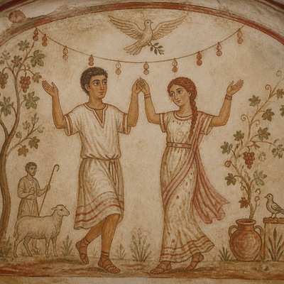 an original couple dancing under string lights in a garden at dusk: a man with short black hair in a linen shirt and a woman with braided red hair in a summer dress