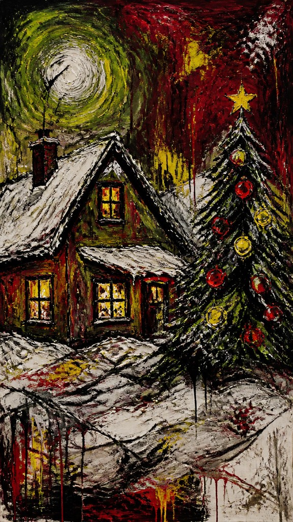 a snow-covered cottage with warm glowing windows beside a decorated pine tree, gentle snowfall, no text