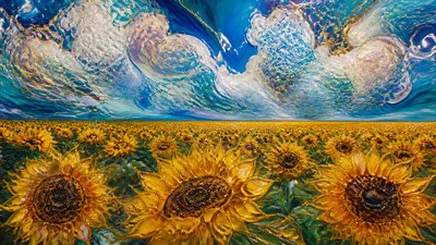 an endless field of sunflowers under summer clouds, no people