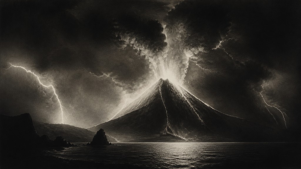 an erupting volcano with lightning strikes, dramatic wide composition, no text