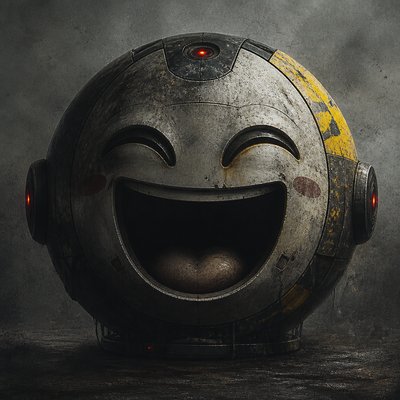 an exaggerated laughing face of an original round mascot character, bold and readable at small size, plain background, no text