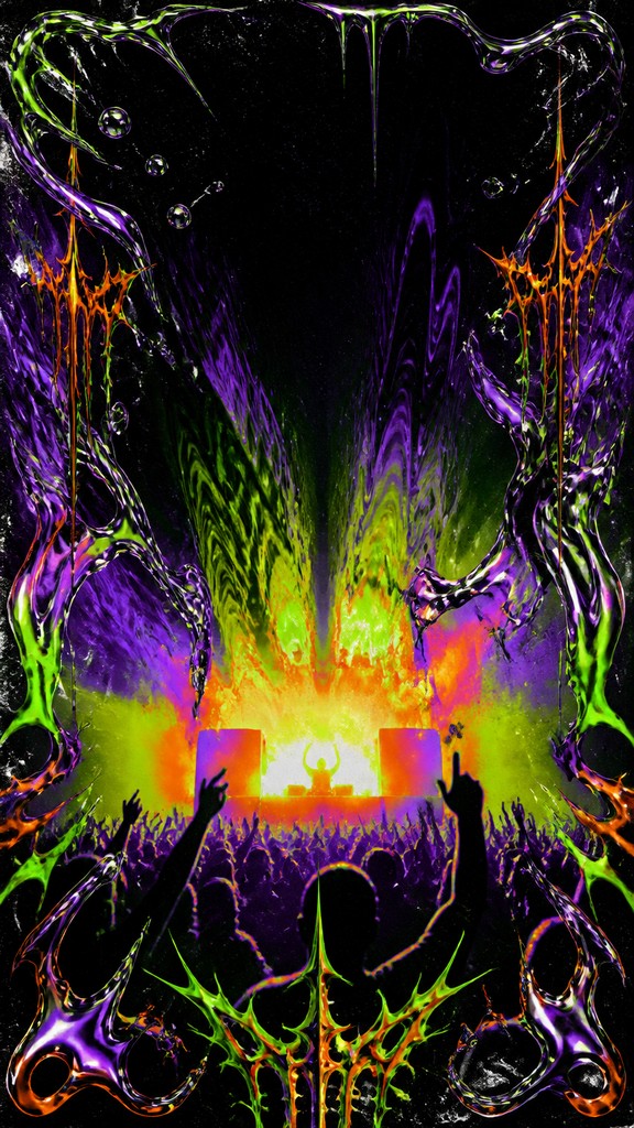 a live music scene with a glowing stage and silhouetted crowd, energetic vertical composition with open space at the top, no text