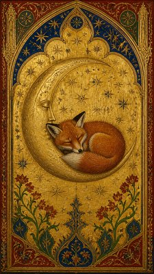 a sleeping baby fox curled on a crescent moon among soft stars, gentle and warm, no text