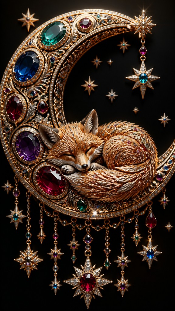 a sleeping baby fox curled on a crescent moon among soft stars, gentle and warm, no text