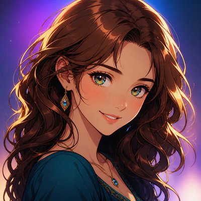 head-and-shoulders portrait of an original character: a young woman with wavy chestnut hair and a warm smile, plain soft backdrop