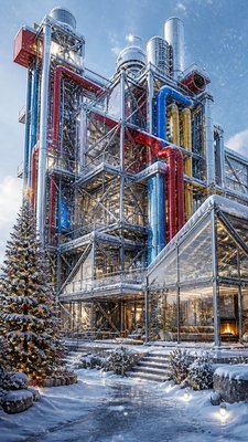 a snow-covered cottage with warm glowing windows beside a decorated pine tree, gentle snowfall, no text