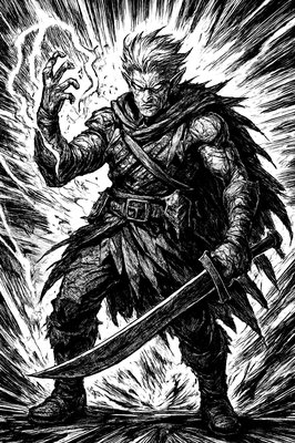 a black and white drawing of a man holding a sword