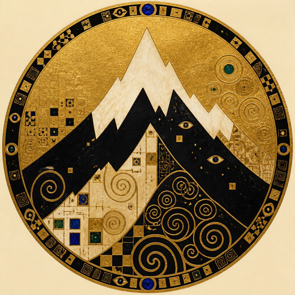 an emblem of a mountain peak inside a circle, simple bold shapes on a plain background, no text or lettering