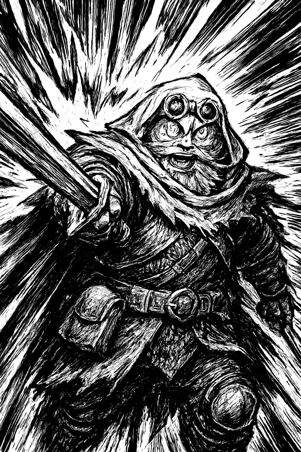 a black and white drawing of a person holding a sword