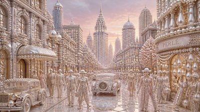 bustling city street panorama at dusk
