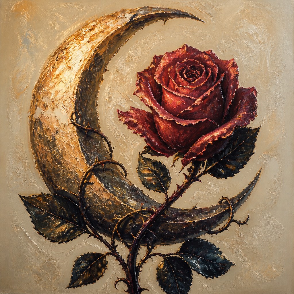 a rose entwined with a crescent moon, clean balanced composition on a plain background, no text