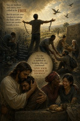 Galatians 5:13-14
13 You, my brothers and sisters, were called to be free. But do not use your freedom to indulge the flesh[a]; rather, serve one another humbly in love. 14 For the entire law is fulfilled in keeping this one command: “Love your neighbor as yourself.