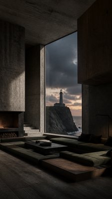 a lone lighthouse on a cliff at dusk under a dramatic sky, no text or lettering